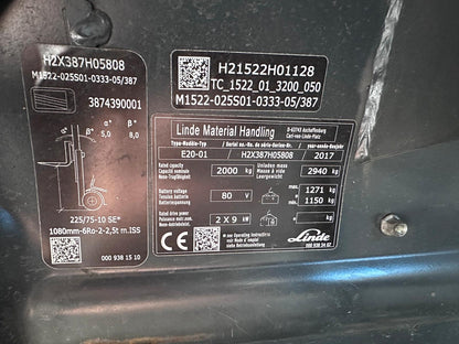 Linde E20 2017 Standard 3300mm Elektro Gabelstapler 2017 Bild 10