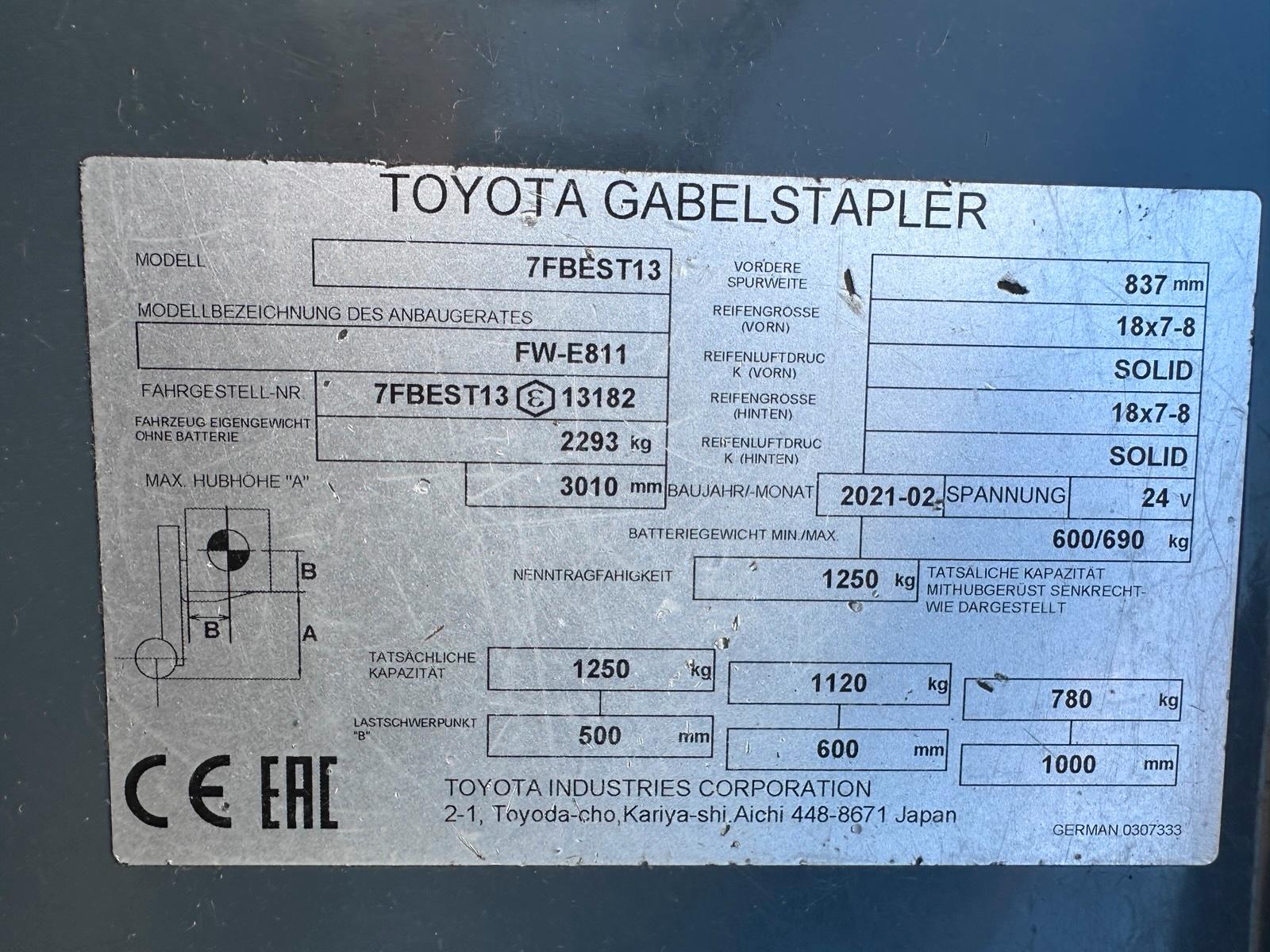 Toyota 1,3t 3 Rad Elektro Stapler 2021 Seitenschieber Bild 13